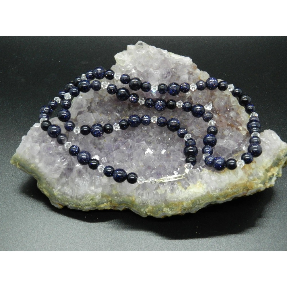 Blue Goldstone Beaded Necklace with Clear Swarovski Crystal and Sterling